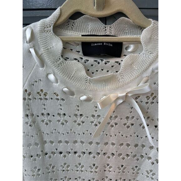 Simone Rocha Bow-detailed Scalloped Open-knit Sweater - Cream, $750 E22 - Picture 5 of 11